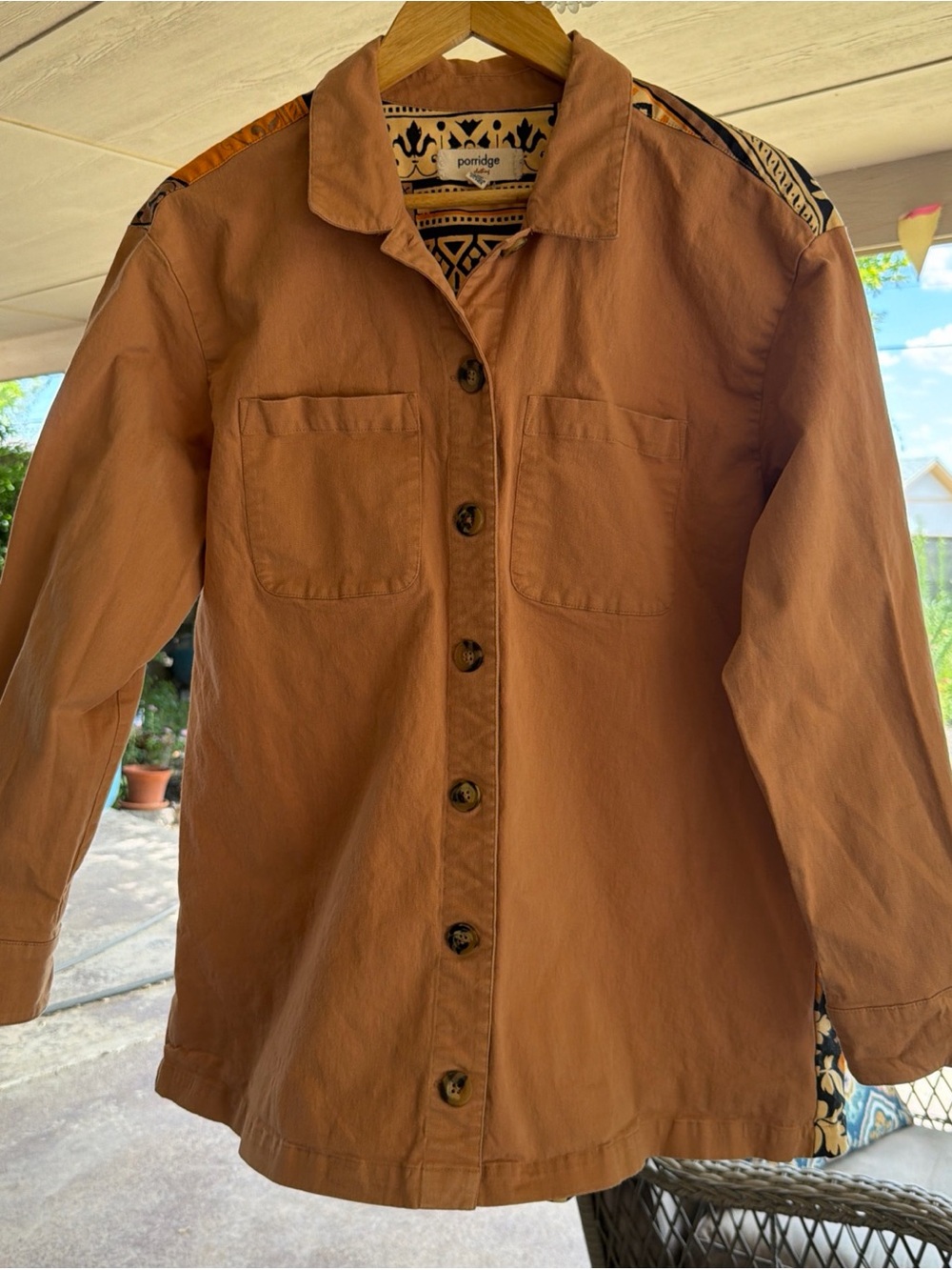 Porridge Anthropologie Rust-Brown Button Front Shirt Jacket 3/4 Sleeve